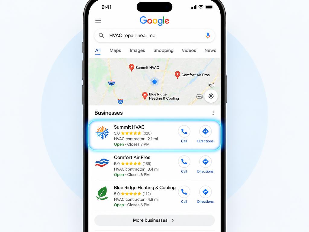 Google Maps local pack with a service business ranked in the top spot
